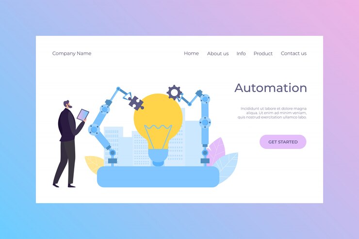Vector ilustración de aterrizaje de robot de automatización de control de gerente. equipo de ingeniería inteligente, tecnología automatizada de dibujos animados.