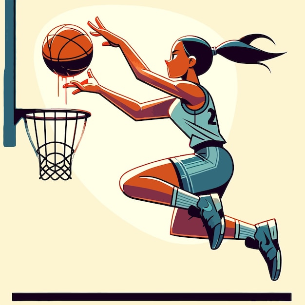 Ilustración de una atleta de baloncesto que salta para poner la pelota en la canasta