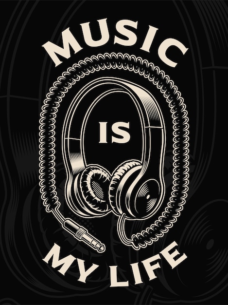 Ilustración de auriculares con cable en el fondo oscuro. El texto está en el grupo separado.