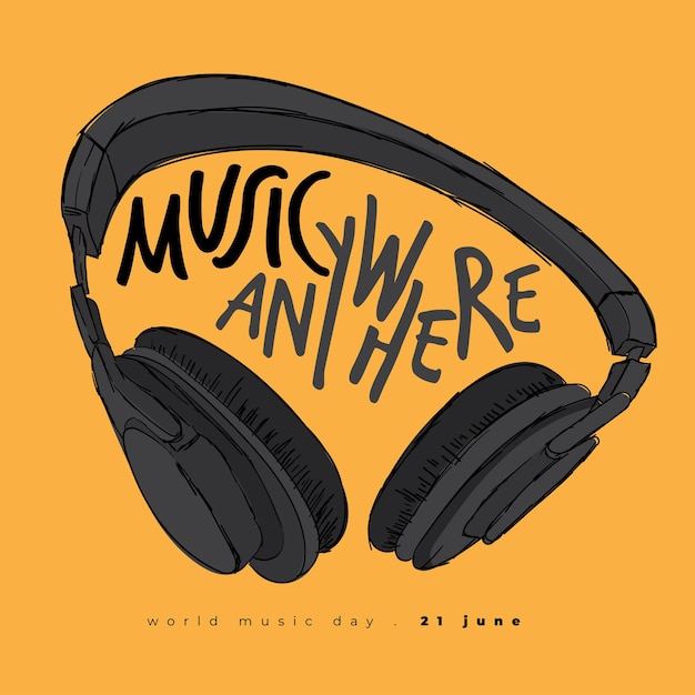 Ilustración de auriculares en diseño dibujado a mano para la plantilla del día mundial de la música