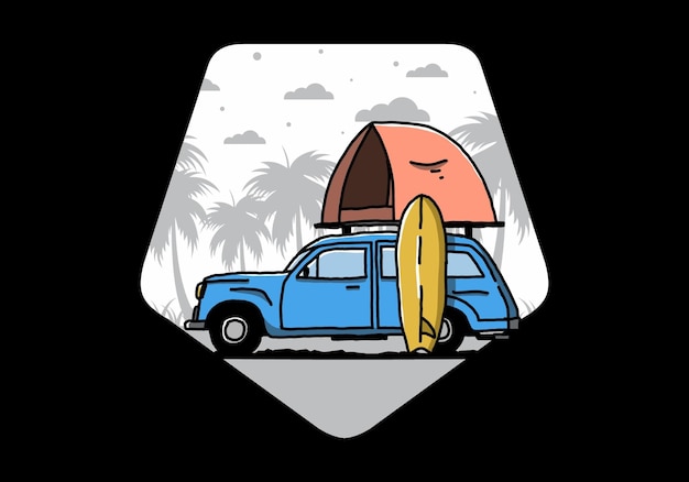 Ilustración de un auto con una carpa en el techo y una tabla de surf al costado