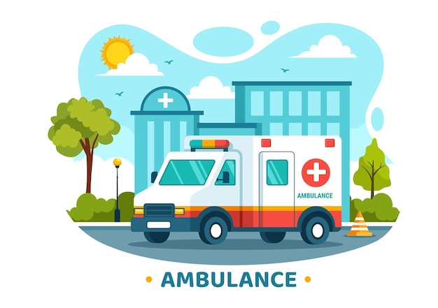 Ilustración de un automóvil de ambulancia o un servicio de emergencia médica para recoger al paciente herido en un accidente