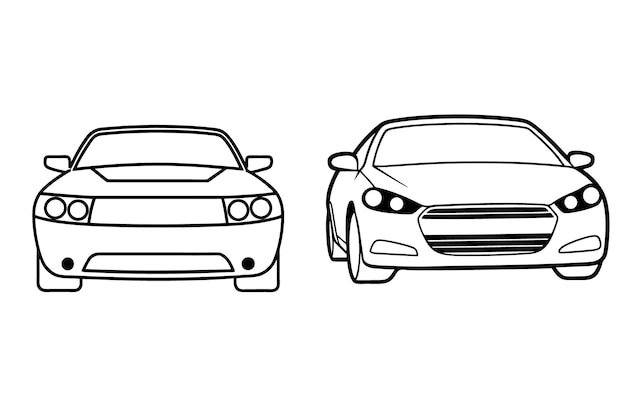 Ilustración de automóviles modernos y clásicos de vista frontal