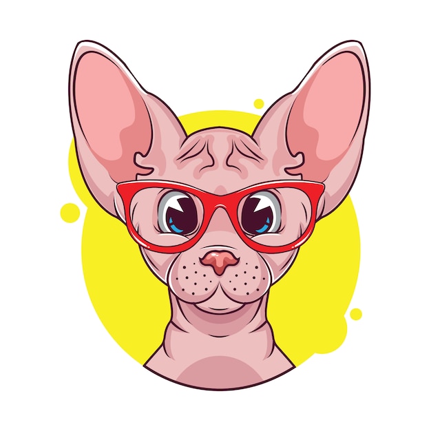 Ilustración de avatar lindo gato sphynx con gafas