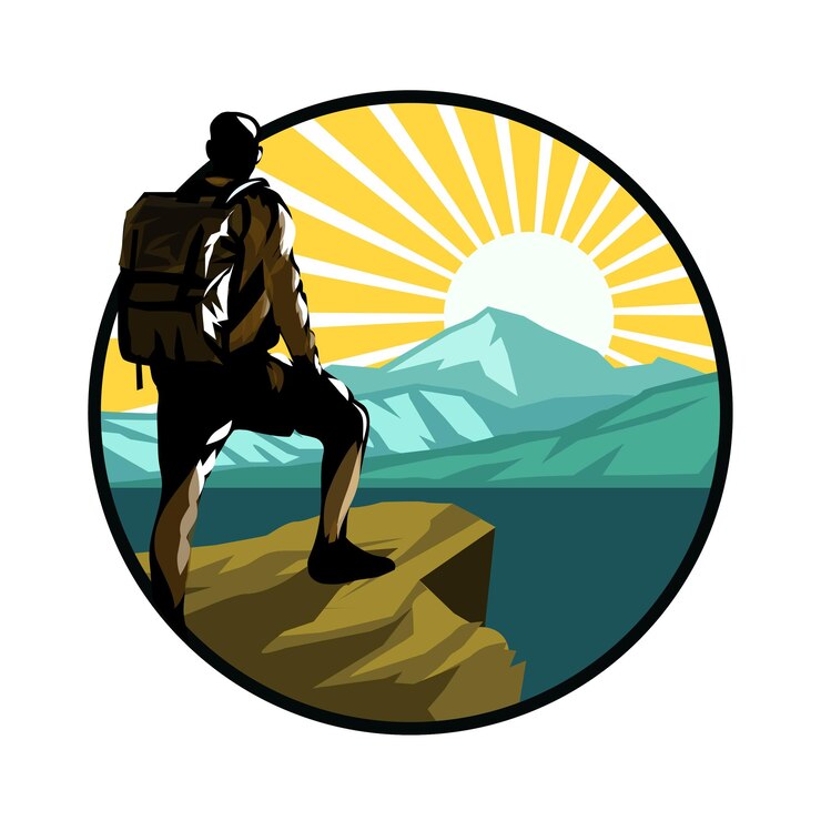 Vector ilustración de aventura al aire libre con excursionista y montaña.