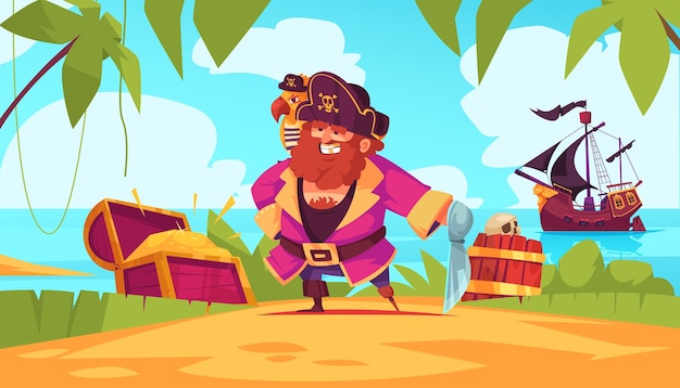 Ilustración de aventura pirata en diseño plano.