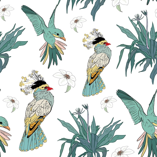 Ilustración de aves sin costuras de inspiración vintage con detalles florales Impresión de aves exóticas con acentos botánicos detallados en un fondo claro