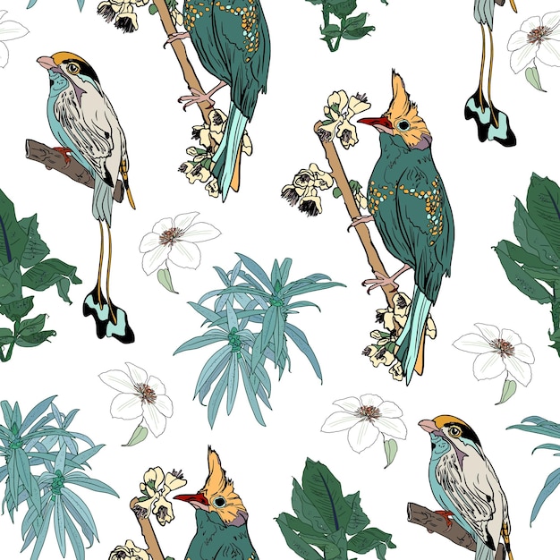 Ilustración de aves sin costuras de inspiración vintage con detalles florales Impresión de aves exóticas con acentos botánicos detallados en un fondo claro