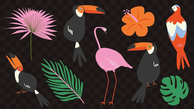 Ilustración de aves y plantas tropicales coloridas Características tucanes flamenco loro y hojas tropicales Diseños brillantes, vibrantes y exóticos Ilustraciones de animales conjunto vectorial aislado