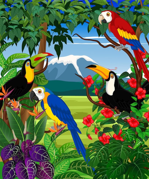 Ilustración de aves tropicales con fondo de paisaje africano