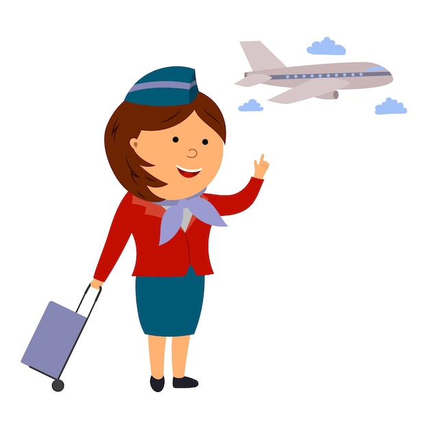 Ilustración de una azafata y un vector de avión aislado en un fondo blanco