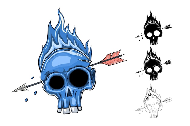 Ilustración azul calavera ardiente con una flecha