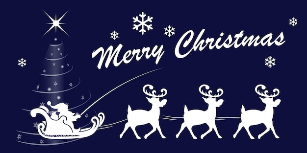 Ilustración azul de Navidad Papá Noel monta un trineo en arnés con árbol de Navidad de renos
