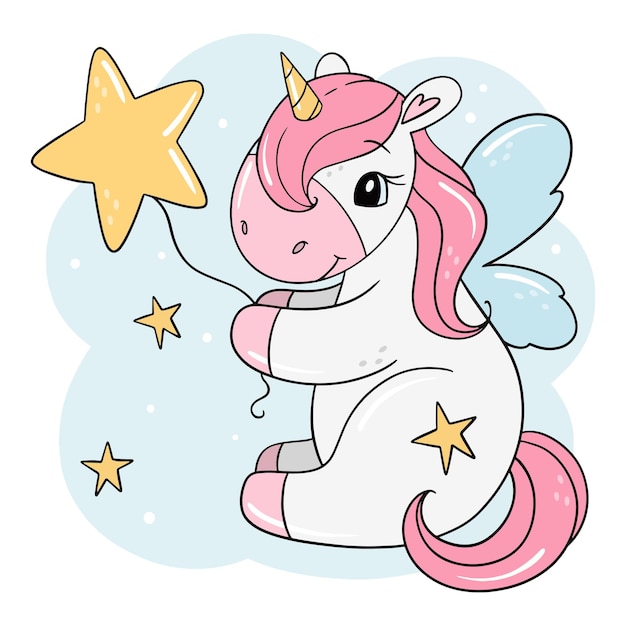 Vector ilustración de baby shower dibujada a mano con lindo unicornio y estrellas