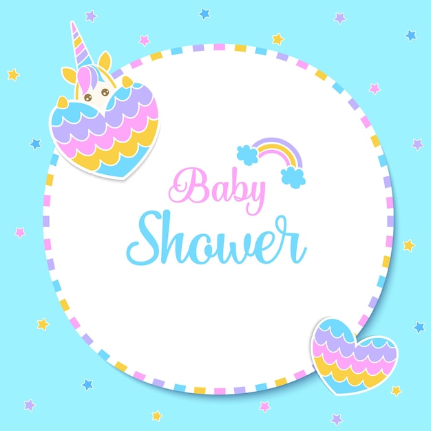 Ilustración Baby Shower Unicornio con fondo azul del corazón del arco iris.