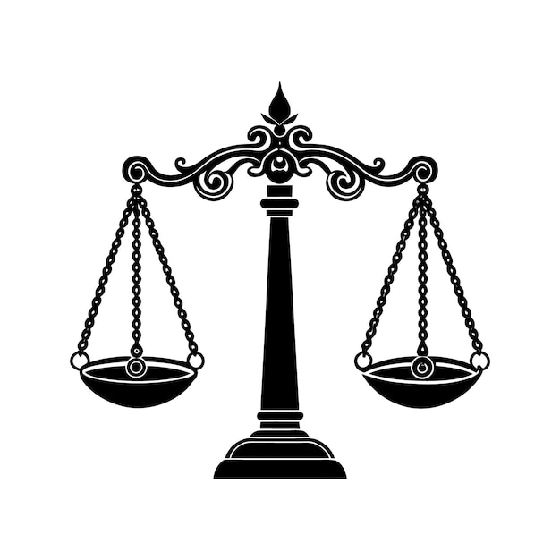 Ilustración de balanza adornada en blanco y negro Símbolo de justicia Ley Equidad e igualdad