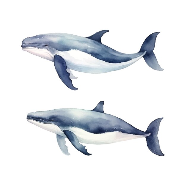 Ilustración de ballena en acuarela en fondo blanco