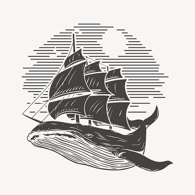 Vector ilustración ballena y barco, bosquejo