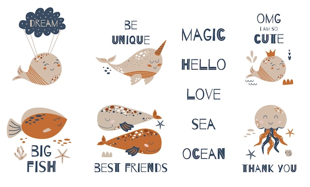 Ilustración de ballena para niños Conjunto de animales marinos para bebés Animales acuáticos lindos lindos Citas de bebés lindos Carteles vector de habitación de bebé