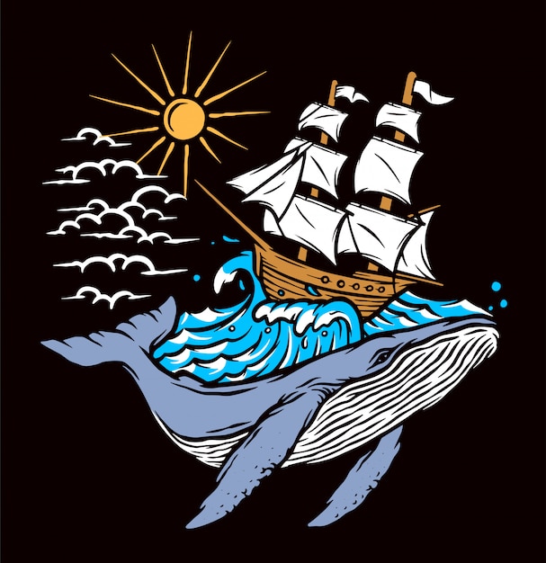 Ilustración de ballenas y barcos