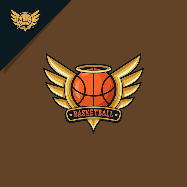 Ilustración de baloncesto con alas de ángel para el logo del emblema