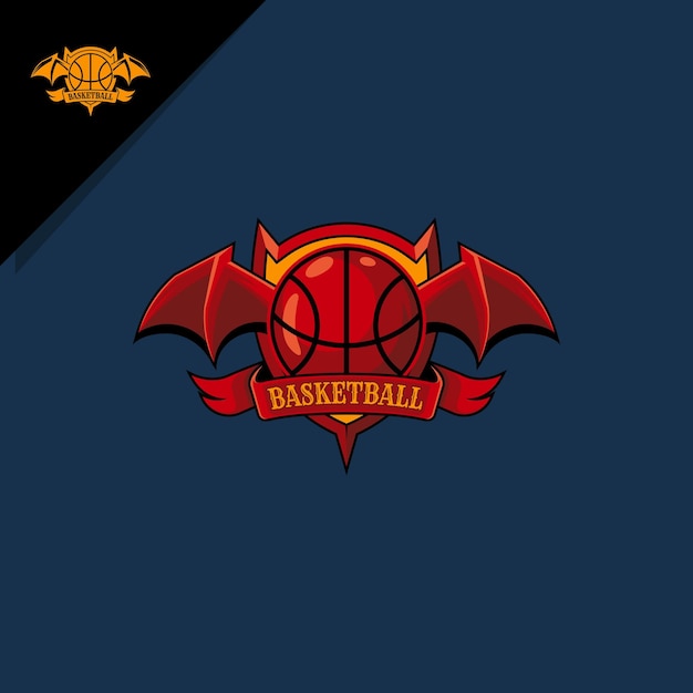 ilustración de baloncesto con alas de murciélagos para el logo del emblema