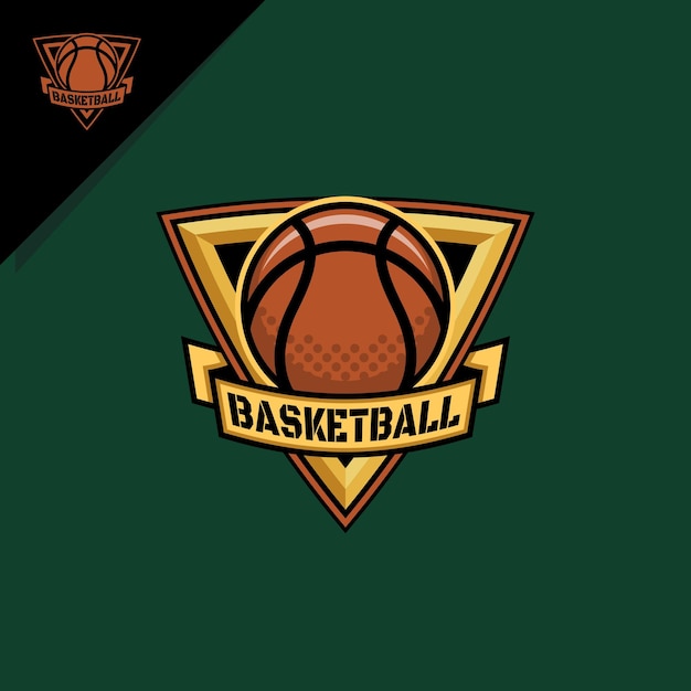 Ilustración de baloncesto y triángulo dorado para el logotipo del emblema