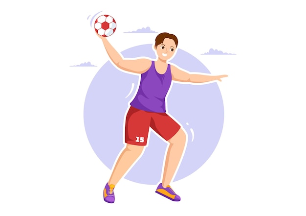 Vector ilustración de balonmano de un jugador tocando la pelota con la mano en un dibujo a mano de competición deportiva