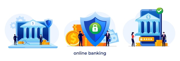 Ilustración de banca en línea tecnología de pago en línea compra finanzas seguridad ilustración plana vector plantilla
