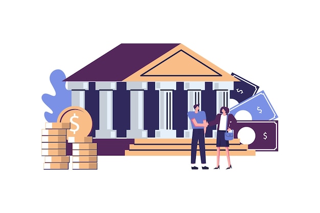 Ilustración bancaria Financiación bancaria Cambio de divisas Servicios financieros Ilustración de estilo plano Diseño vectorial