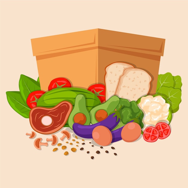Ilustración de banco de alimentos de diseño plano dibujado a mano