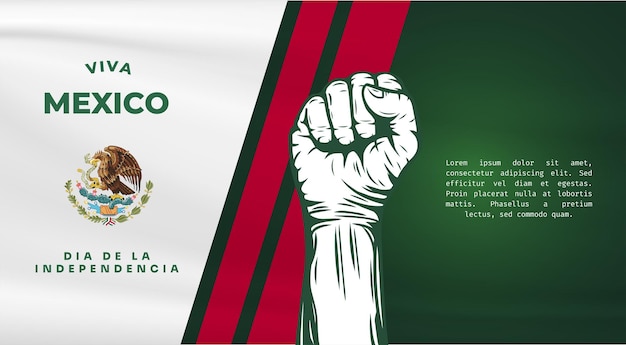 Ilustración de bandera de la celebración del día de la independencia de México Traducción 16 de septiembre Viva el Día de la Independencia de México Agitando la bandera y las manos apretadas Ilustración vectorial