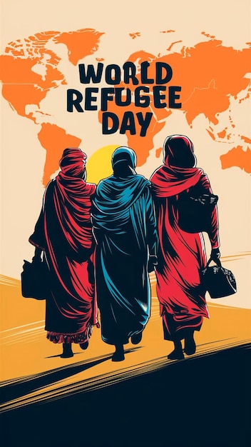 Ilustración de bandera de colores vibrantes del Día Mundial de los Refugiados con personas musulmanas caminando para buscar hogar