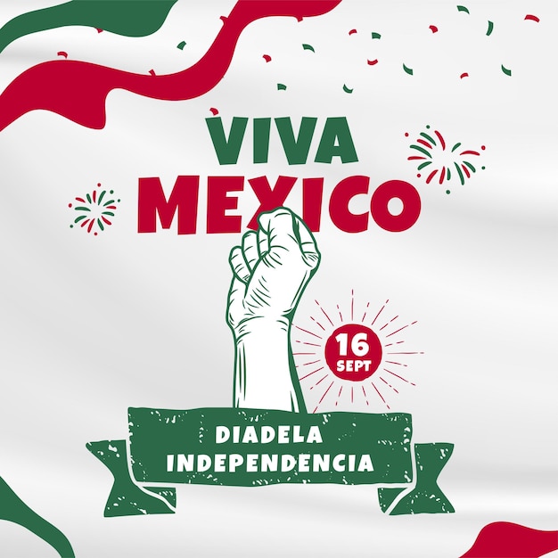 Ilustración de bandera cuadrada de la celebración del día de la independencia de México Traducción 16 de septiembre Viva el Día de la Independencia de México Agitando la bandera y las manos apretadas Ilustración vectorial