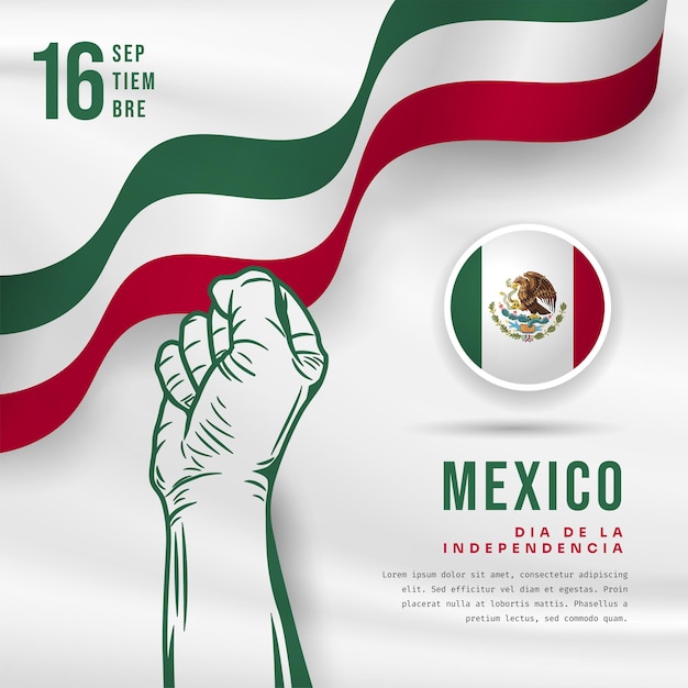 Ilustración de bandera cuadrada de la celebración del día de la independencia de México Traducción 16 de septiembre Viva el Día de la Independencia de México Agitando la bandera y las manos apretadas Ilustración vectorial