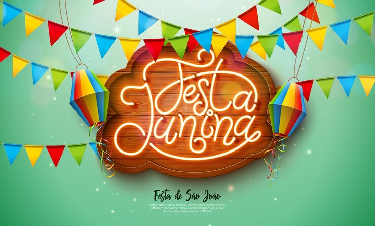 Vector ilustración de la bandera de festa junina con banderas del partido y linterna de papel y letra de luz de neón brillante