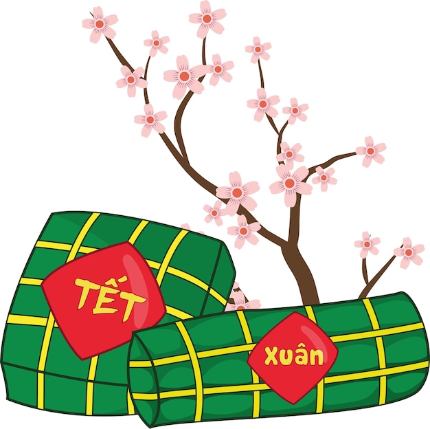 Ilustración de Banh Chung para la celebración del Tet con la flor de cerezo
