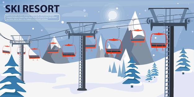 Ilustración de banner de estación de esquí con remonte.
