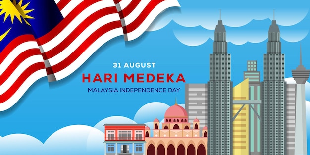 Ilustración de banner de fondo del día de la independencia de malasia con hitos del edificio de malasia