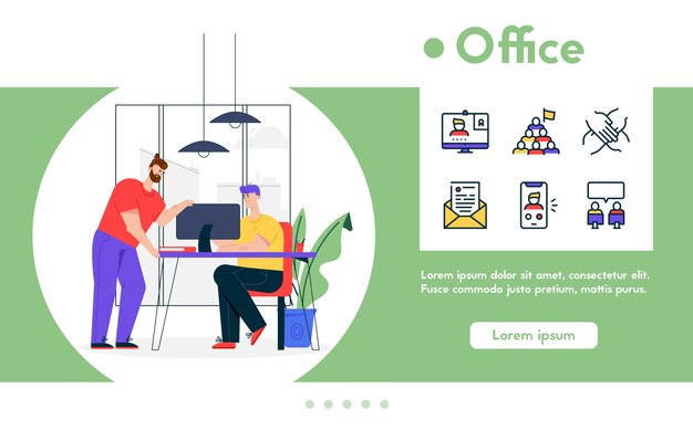 Ilustración de banner de hombre sentado en el escritorio, trabajando en una computadora portátil, colega analiza las tareas de trabajo. centro de coworking, proceso de trabajo en equipo en la oficina. conjunto de iconos lineales de color - colaboración en equipo empresarial