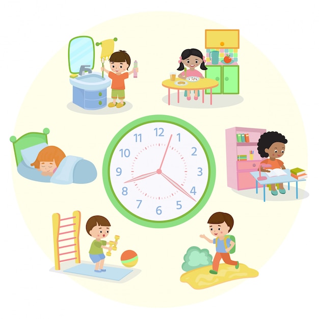 Vector ilustración de banner de horario de niños. rutina diaria. conjunto de actividades para niños, despertarse, dormir, cepillarse los dientes, comer, ir a la escuela, aprender, hacer ejercicios.