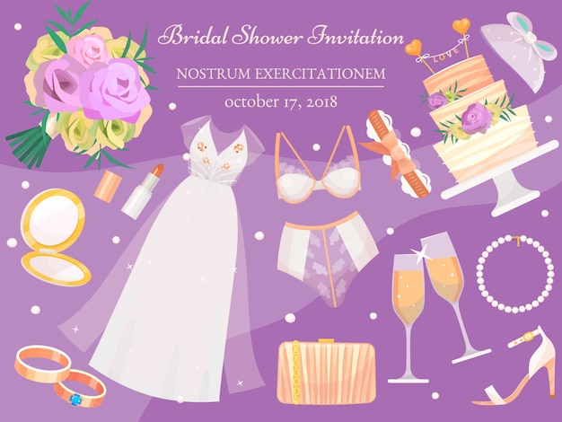 Ilustración de banner de invitación de despedida de soltera. Accesorios de boda como ramo de flores, vestido, copas con champán, pastel, ropa interior, zapatos, anillos de compromiso, lápiz labial.