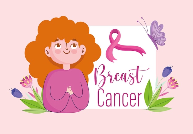 Ilustración de banner de mariposa de flores de cinta rosa de mujer de dibujos animados de cáncer de mama