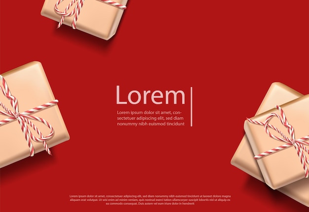 Ilustración de banner vectorial. plantilla de publicidad Folleto rojo con cajas de regalo marrones y cintas.
