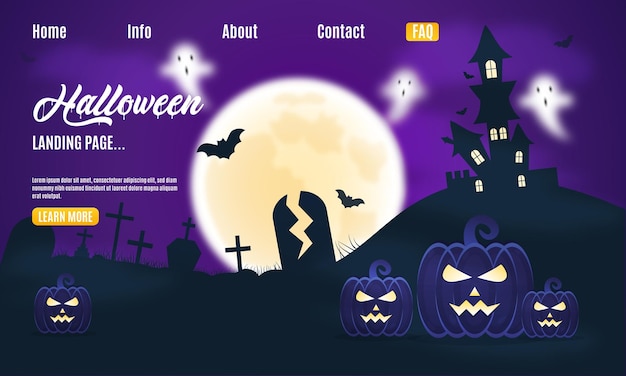 Ilustración de banner de venta de Halloween con calabazas, cementerio y murciélagos voladores sobre fondo naranja