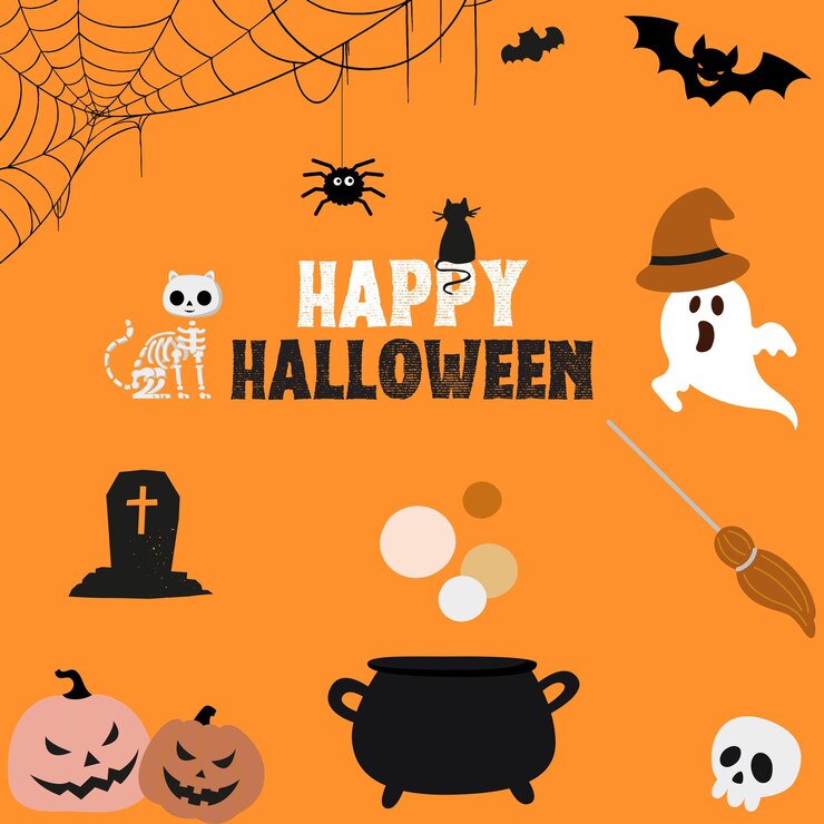 Ilustración de banner de venta de Halloween con cementerio de calabazas y murciélagos voladores en fondo naranja