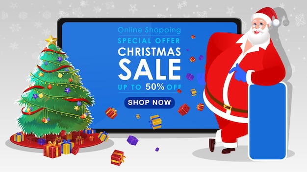 Vector ilustración de banner de venta de navidad con santa claus mostrando regalos de navidad ofrecen teléfono móvil