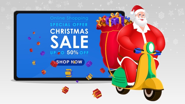 Ilustración de banner de venta de navidad con santa claus tomando regalos de navidad