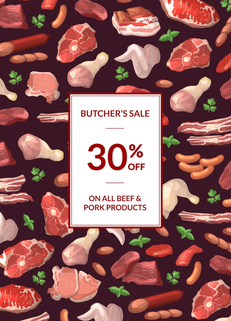 Vector ilustración de banner de venta vertical de piezas de carne de dibujos animados con marco y lugar para texto