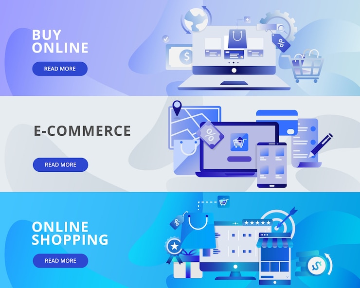 Vector ilustración de banner web de compra en línea, comercio electrónico y compras en línea